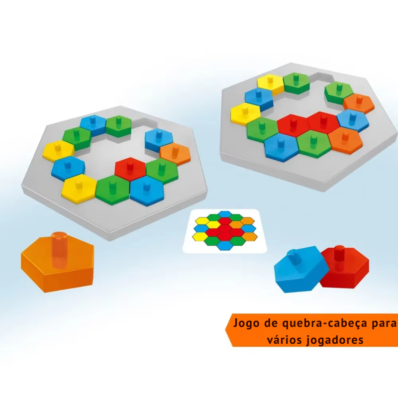 Jogo Montessori educativo com tabuleiros hexagonais coloridos, pe&ccedil;as em cinco cores, cartas para desafios e caixa ilustrada